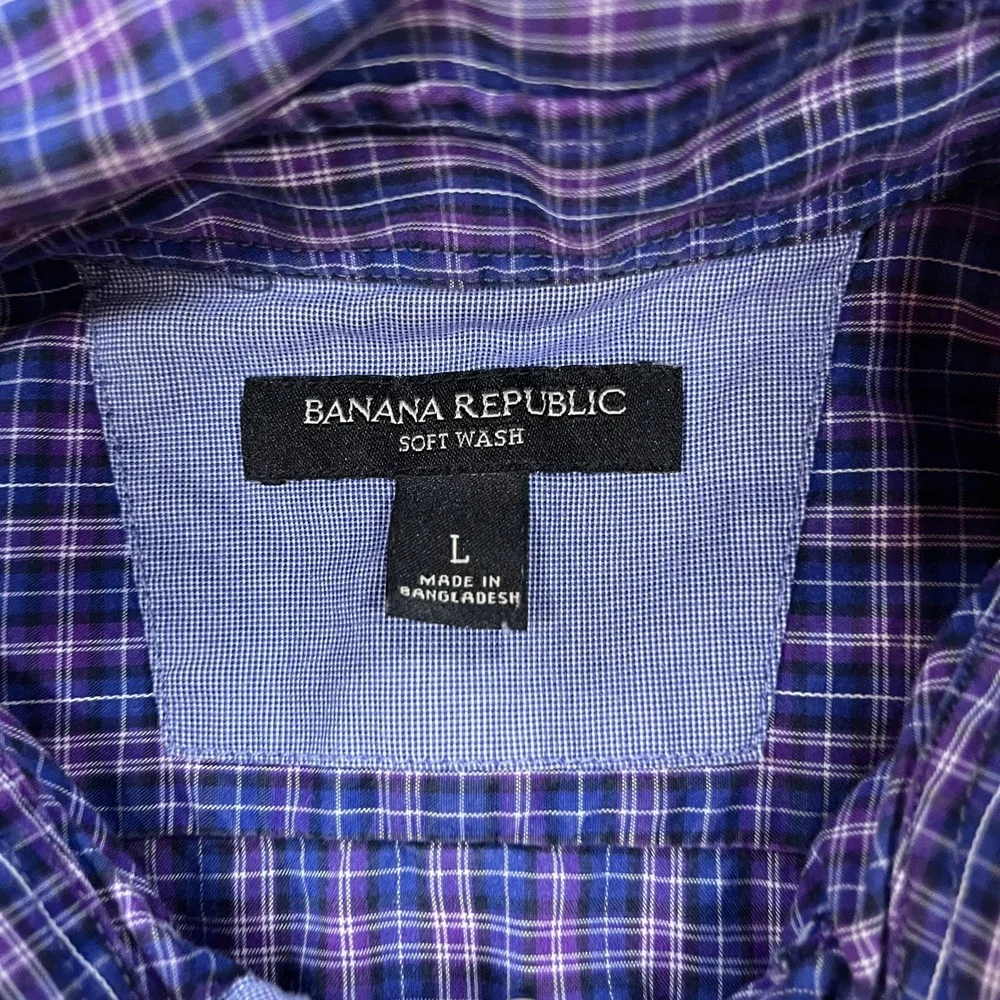 Banana Republic Shirt Mens Large Purple Plaid Soft Wash Button Down Long Sleeve